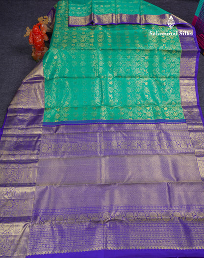 Beautiful Sapphire Green Bridal Pure Kanjivaram Silk Saree With Contrast Royal Blue Traditional Evening Morning Border