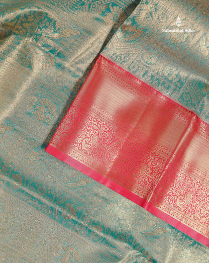 Tissue Bridal Semi Silk Saree - Light Blue Colour Body With Contrast Redish Pink Border