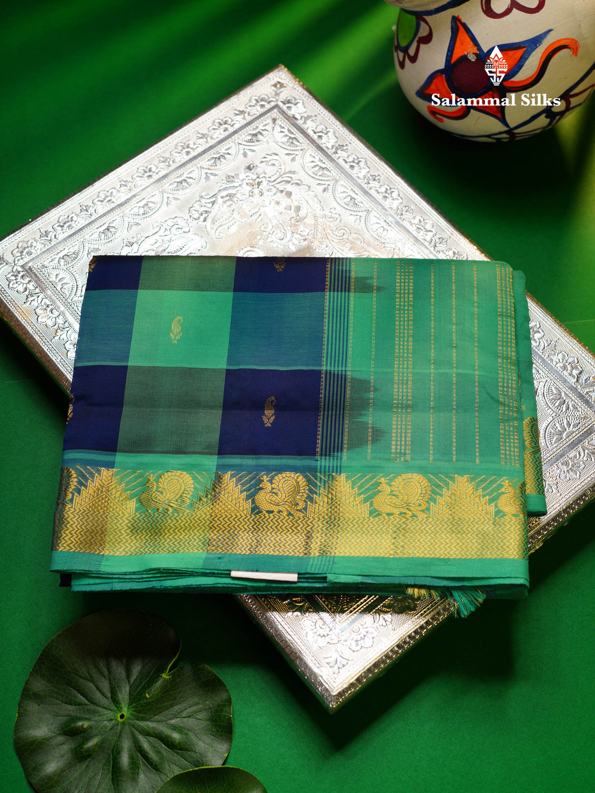 Beautiful Paalum Pazham Checks Semi Silk Cotton Saree With Contrast Sapphire Green Blouse