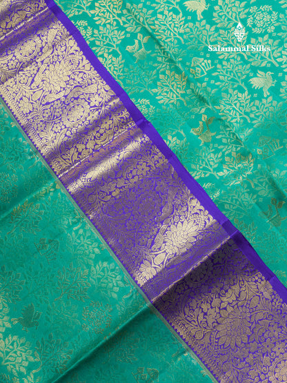 Beautiful Sapphire Green Bridal Pure Kanjivaram Silk Saree With Contrast Royal Blue Traditional Evening Morning Border