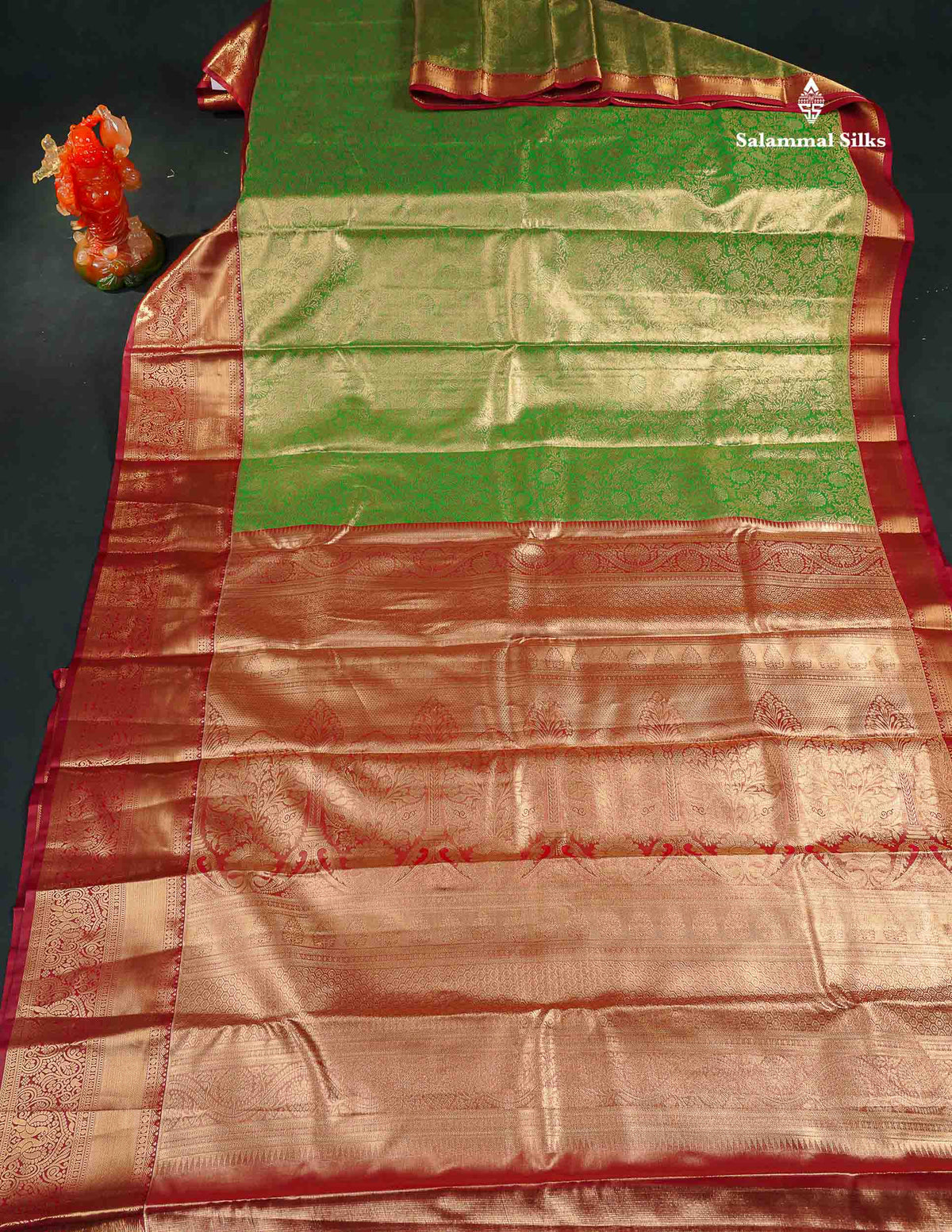 Tissue Bridal Semi Silk Saree - Green Colour Body With Contrast Maroon Border 