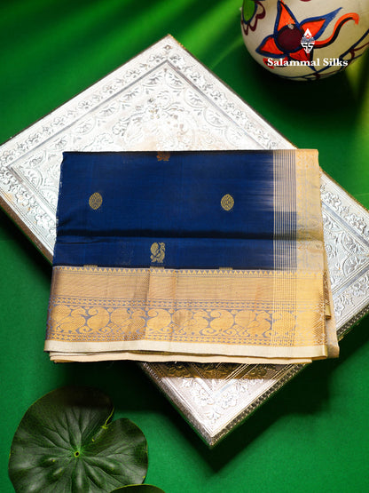 Beautiful Royal Blue Traditional Buttas Handloom Semi Silk Cotton Saree With Half White Border