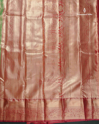 Tissue Bridal Semi Silk Saree - Green Colour Body With Contrast Maroon Border