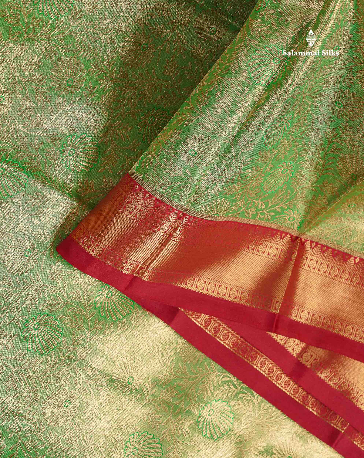 Tissue Bridal Semi Silk Saree - Green Colour Body With Contrast Maroon Border