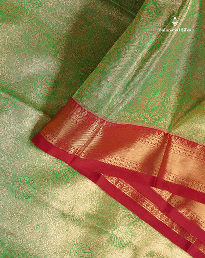 Tissue Bridal Semi Silk Saree - Green Colour Body With Contrast Maroon Border
