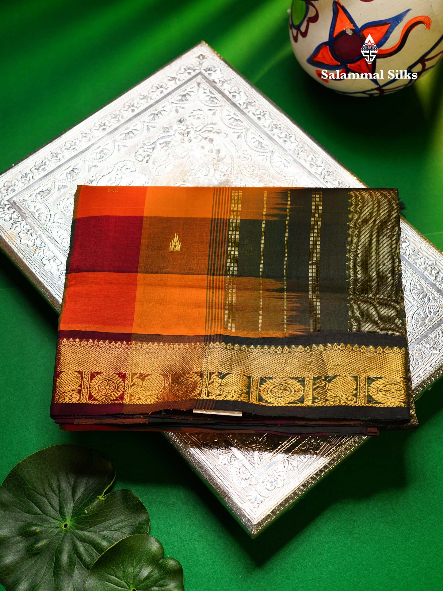 Beautiful Paalum Pazham Checks Semi Silk Cotton Saree With Contrast Bottle Green Blouse