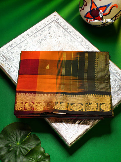 Beautiful Paalum Pazham Checks Semi Silk Cotton Saree With Contrast Bottle Green Blouse