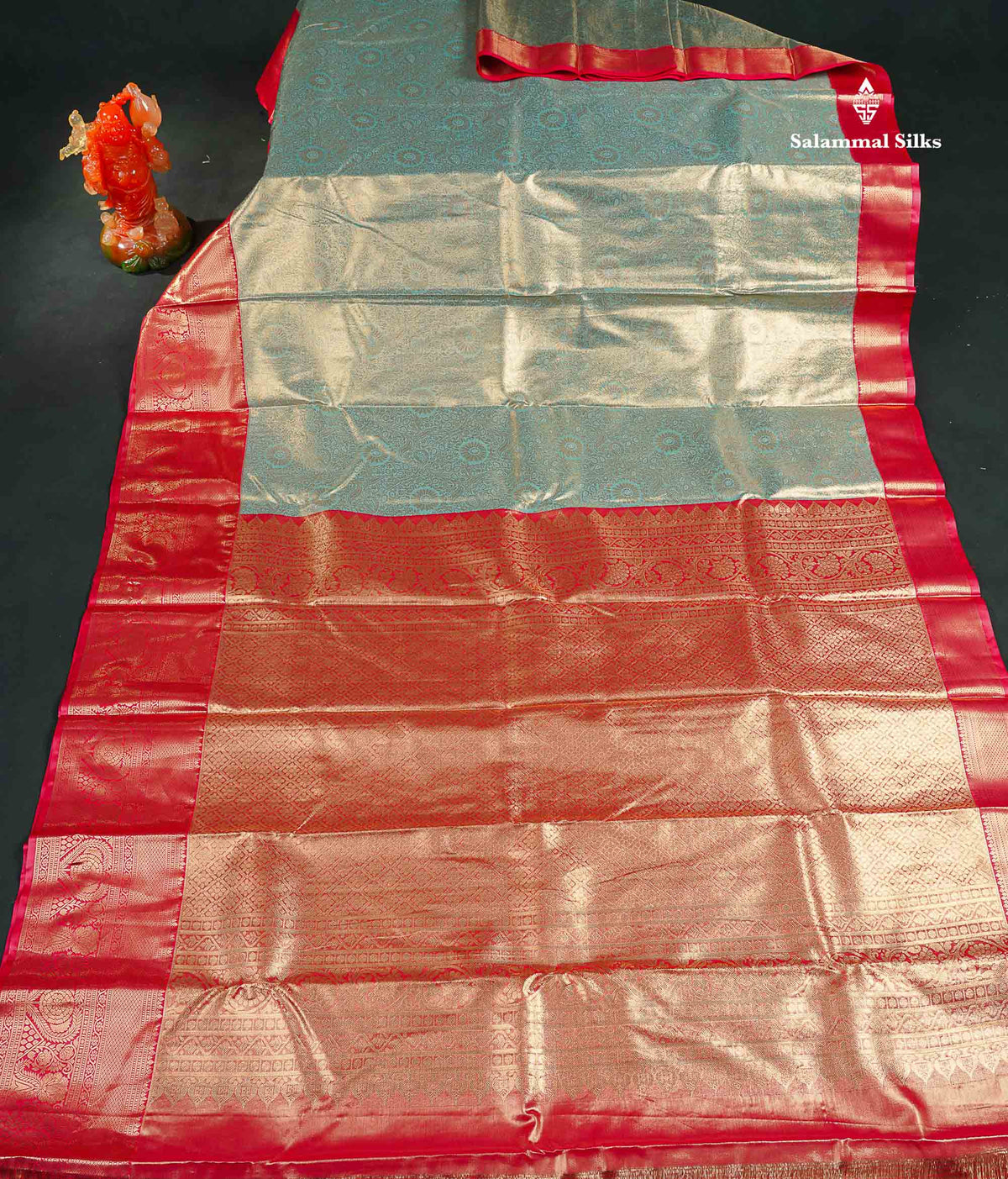 Tissue Bridal Semi Silk Saree - Pastel Blue Colour Body With Contrast Redish Pink Border