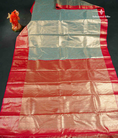 Tissue Bridal Semi Silk Saree - Pastel Blue Colour Body With Contrast Redish Pink Border