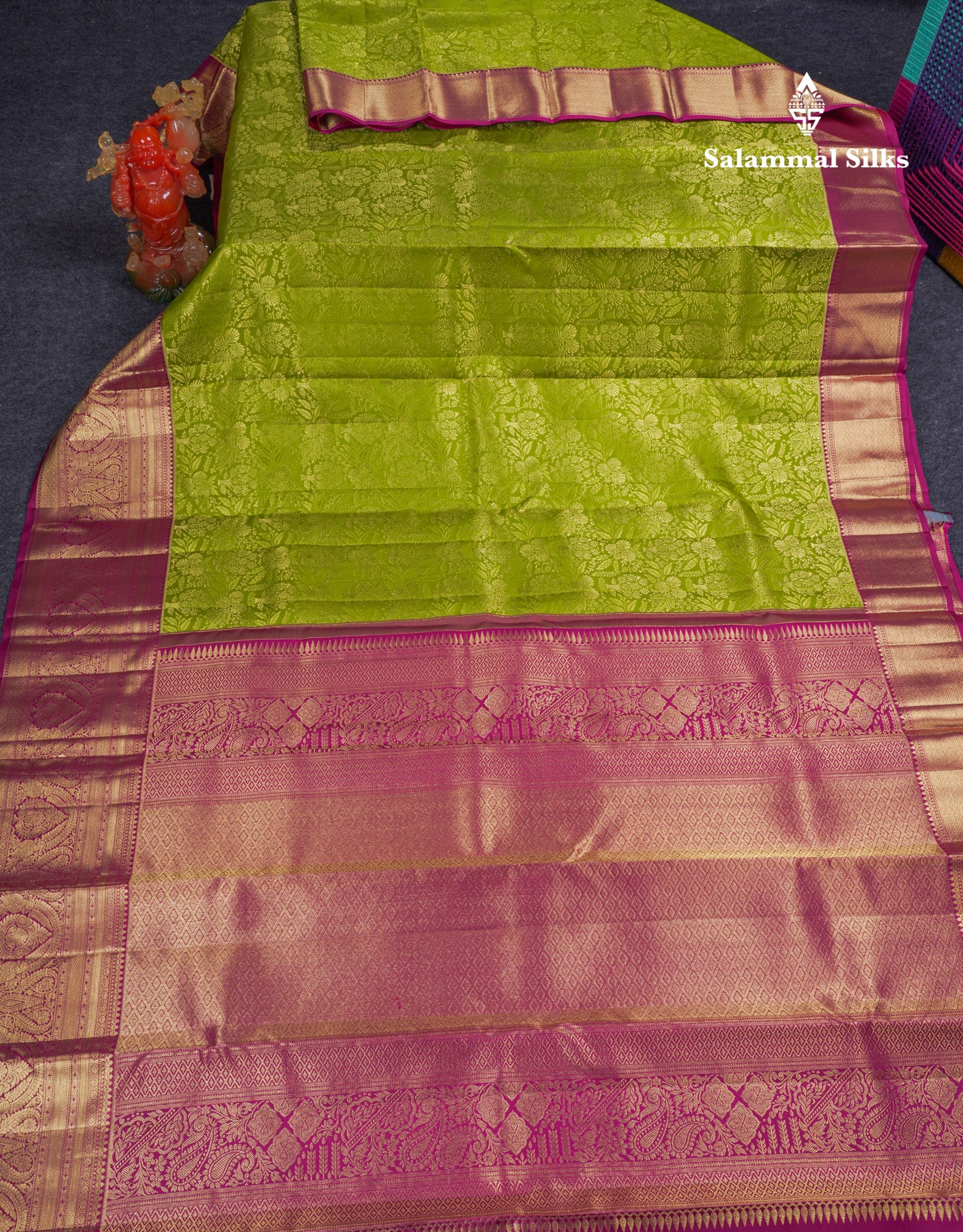 Beautiful Olive Green Bridal Pure Kanjivaram Silk Saree With Contrast Pink Traditional Evening Morning Border