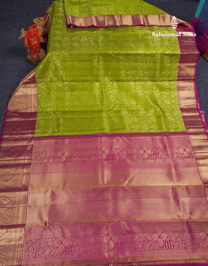 Beautiful Olive Green Bridal Pure Kanjivaram Silk Saree With Contrast Pink Traditional Evening Morning Border