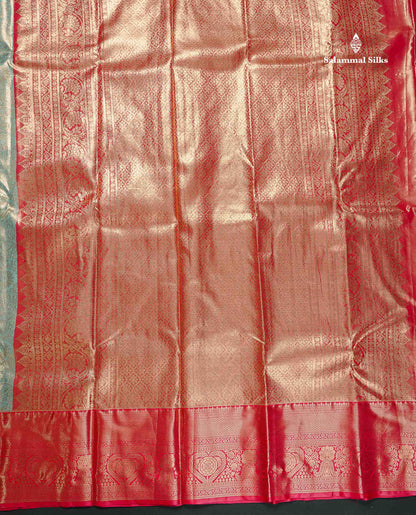 Tissue Bridal Semi Silk Saree - Pastel Blue Colour Body With Contrast Redish Pink Border
