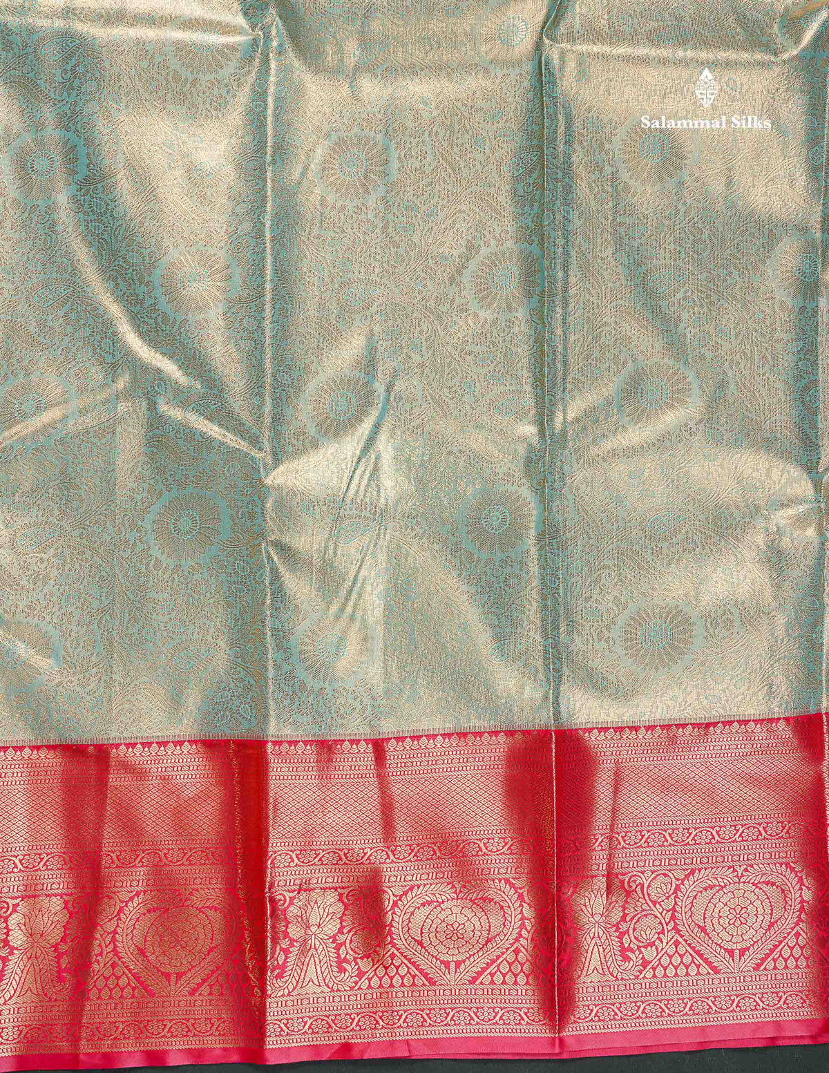 Tissue Bridal Semi Silk Saree - Pastel Blue Colour Body With Contrast Redish Pink Border