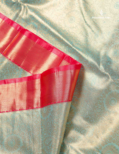 Tissue Bridal Semi Silk Saree - Pastel Blue Colour Body With Contrast Redish Pink Border