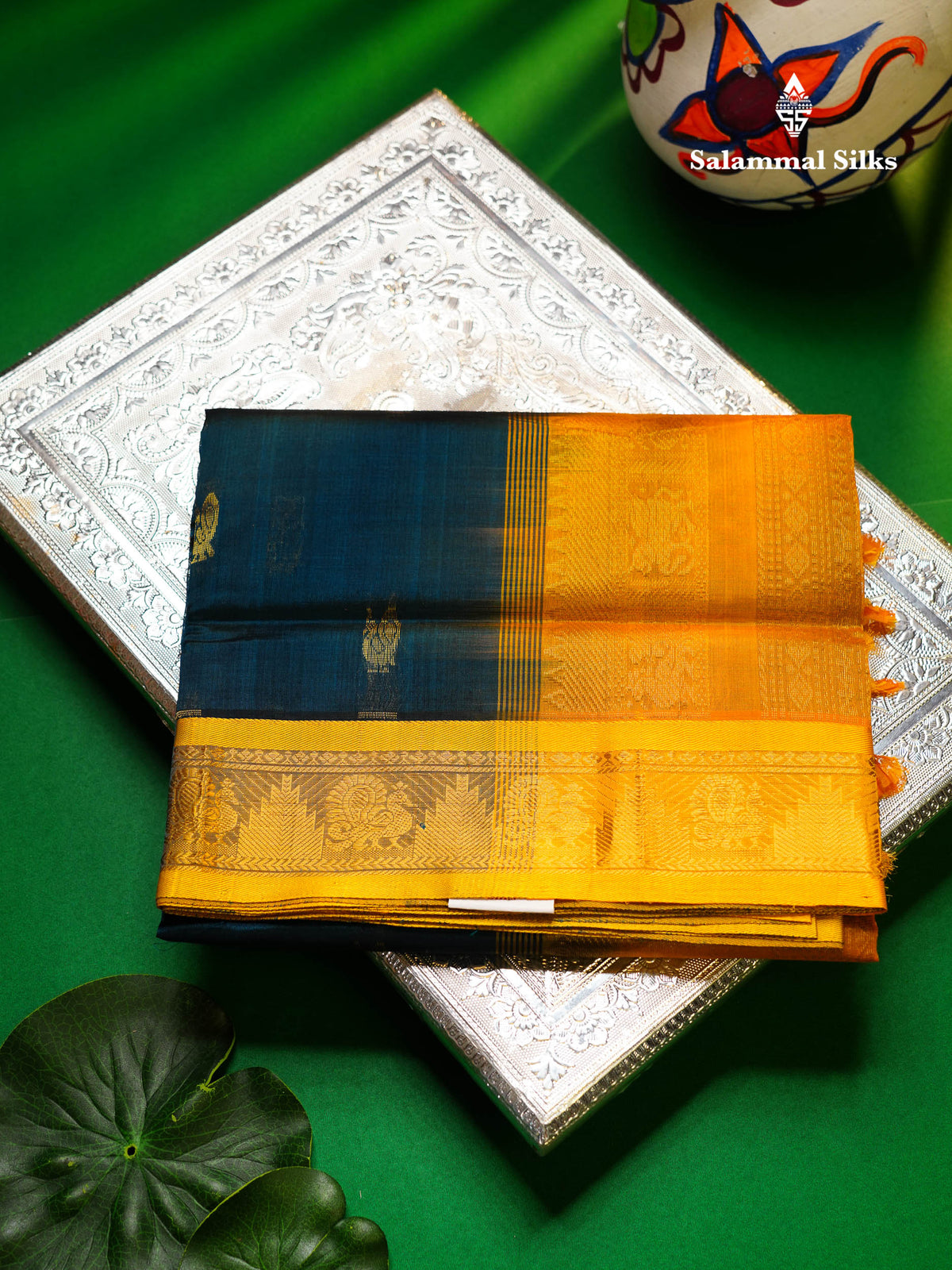 Beautiful Peacock Blue Semi Silk Cotton Saree With Contrast Yellow Traditional Border