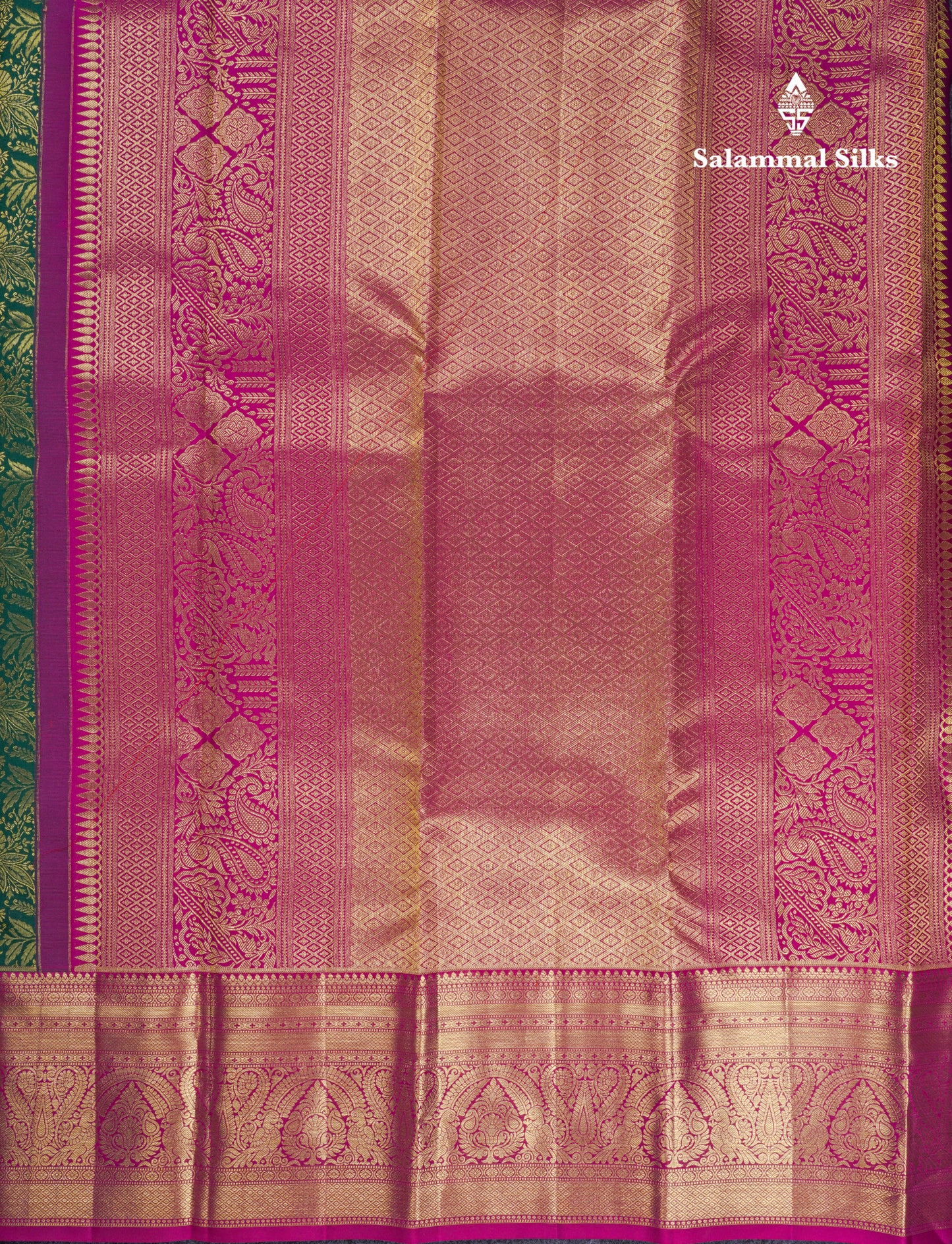 Beautiful Bottle Green Bridal Pure Kanjivaram Silk Saree With Contrast Magenta Traditional Border