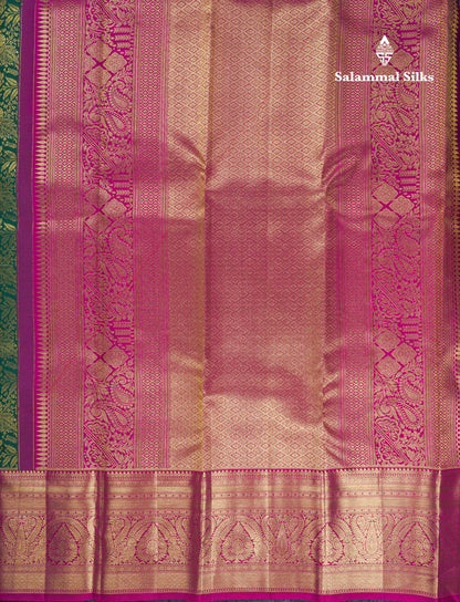 Beautiful Bottle Green Bridal Pure Kanjivaram Silk Saree With Contrast Magenta Traditional Border