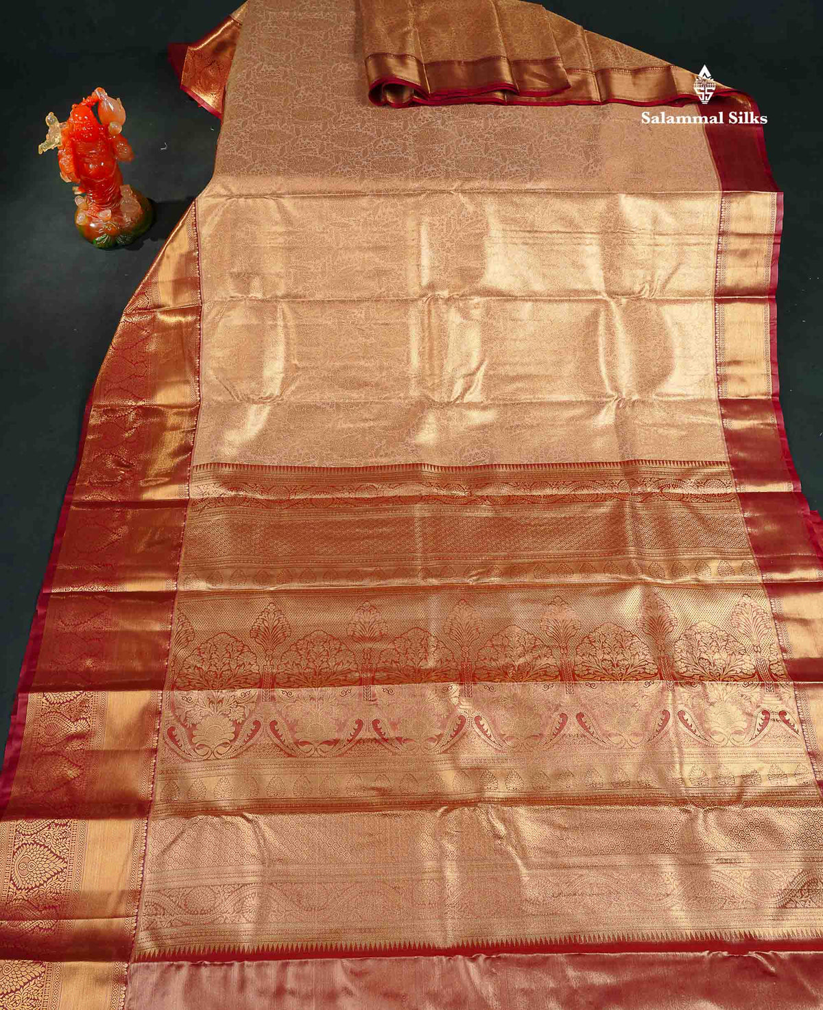Tissue Bridal Semi Silk Saree - Light Peach Colour Body With Contrast Maroon Border 