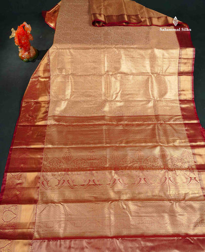 Tissue Bridal Semi Silk Saree - Light Peach Colour Body With Contrast Maroon Border 