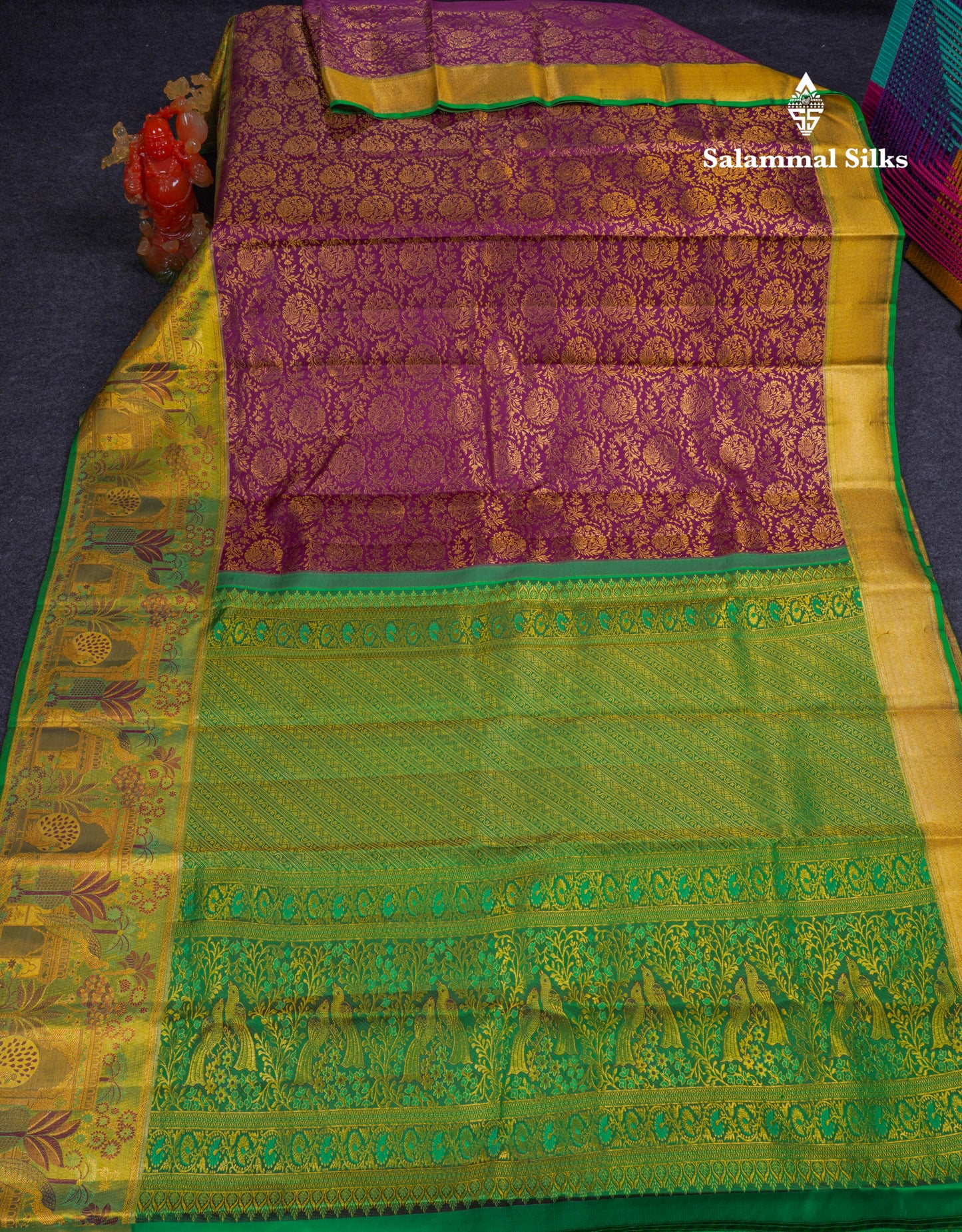 Beautiful Magenta Bridal Pure Kanjivaram Silk Saree With Contrast Tissue Green Fancy Evening Morning Border