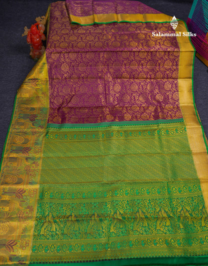 Beautiful Magenta Bridal Pure Kanjivaram Silk Saree With Contrast Tissue Green Fancy Evening Morning Border