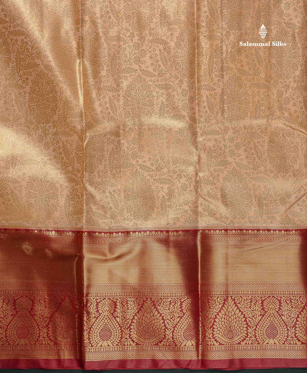 Tissue Bridal Semi Silk Saree - Light Peach Colour Body With Contrast Maroon Border