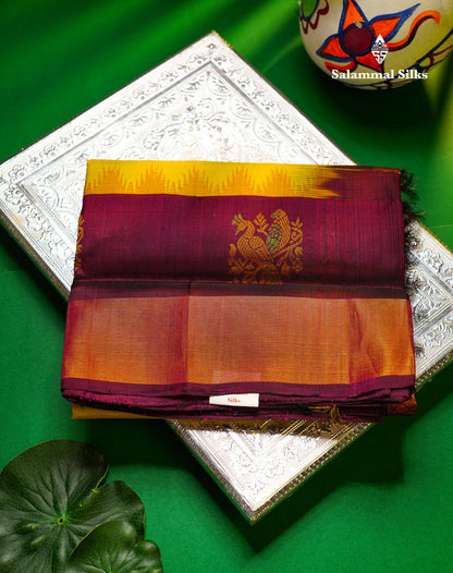 Beautiful Yellow Zari Checks Thread Butta Pure Silk Cotton Saree With Contrast Magenta Traditional Evening Morning Border