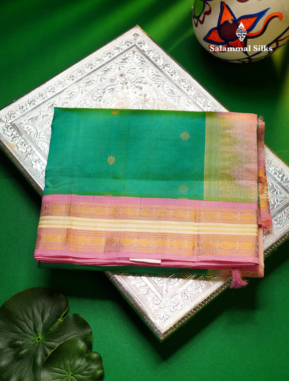Beautiful Saspphire Green Zari Butta Pure Silk Cotton Saree With Contrast Light Pink Traditional Border