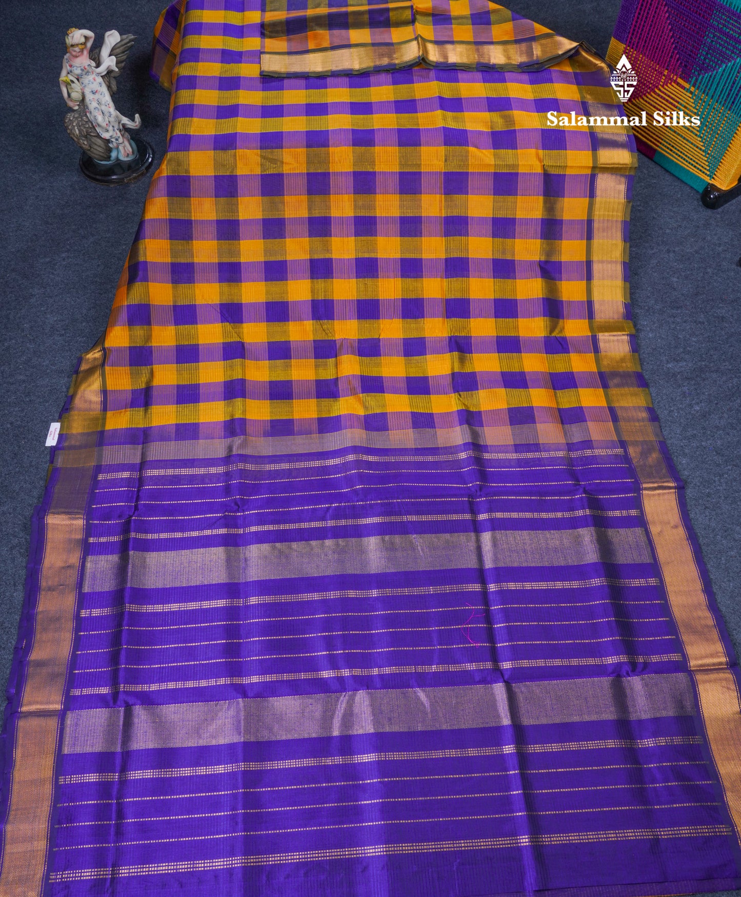 Beautiful Paalum Pazham Checks Handloom Pure Silk Cotton Saree With Contrast Violet Blouse