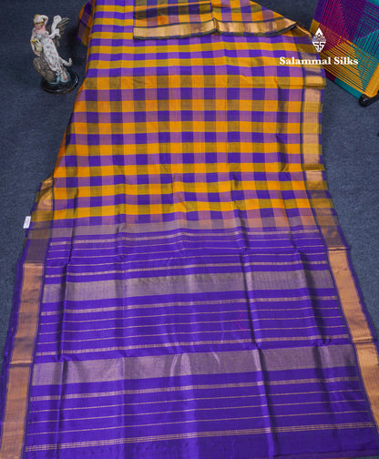 Beautiful Paalum Pazham Checks Handloom Pure Silk Cotton Saree With Contrast Violet Blouse