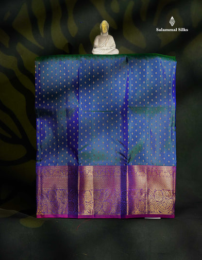 Pure Silk Pattu Pavadai - Dual Tone Peacock Blue Colour With Purple Border | 3-4 Years