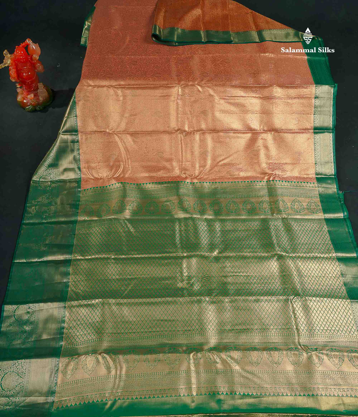Tissue Bridal Semi Silk Saree - Peach Colour Body With Contrast Green Border 