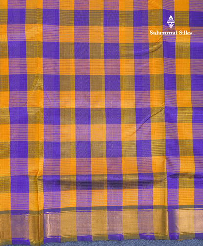 Beautiful Paalum Pazham Checks Handloom Pure Silk Cotton Saree With Contrast Violet Blouse