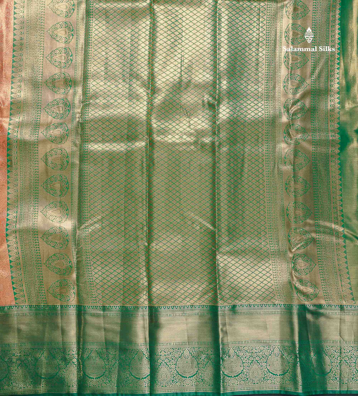 Tissue Bridal Semi Silk Saree - Peach Colour Body With Contrast Green Border