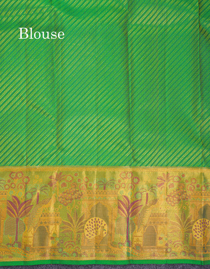 Beautiful Magenta Bridal Pure Kanjivaram Silk Saree With Contrast Tissue Green Fancy Evening Morning Border