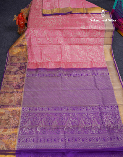 Beautiful Light Pink Bridal Pure Kanjivaram Silk Saree With Contrast Purple Tissue Fancy Evening Morning Border