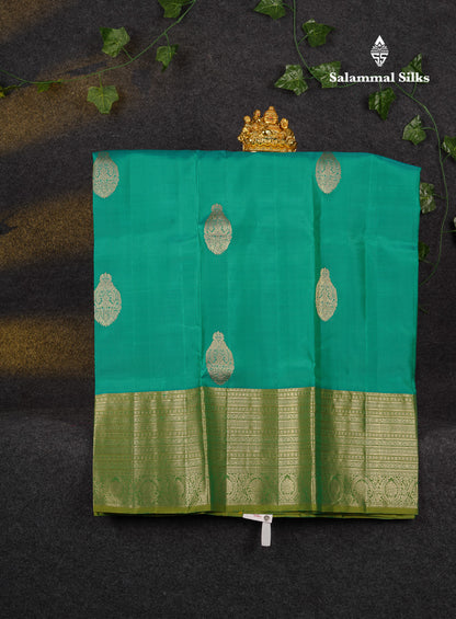 Beautiful Pure Silk Pattu Pavadai (Sapphire Green) With Contrast Parrot Green Blouse 36"