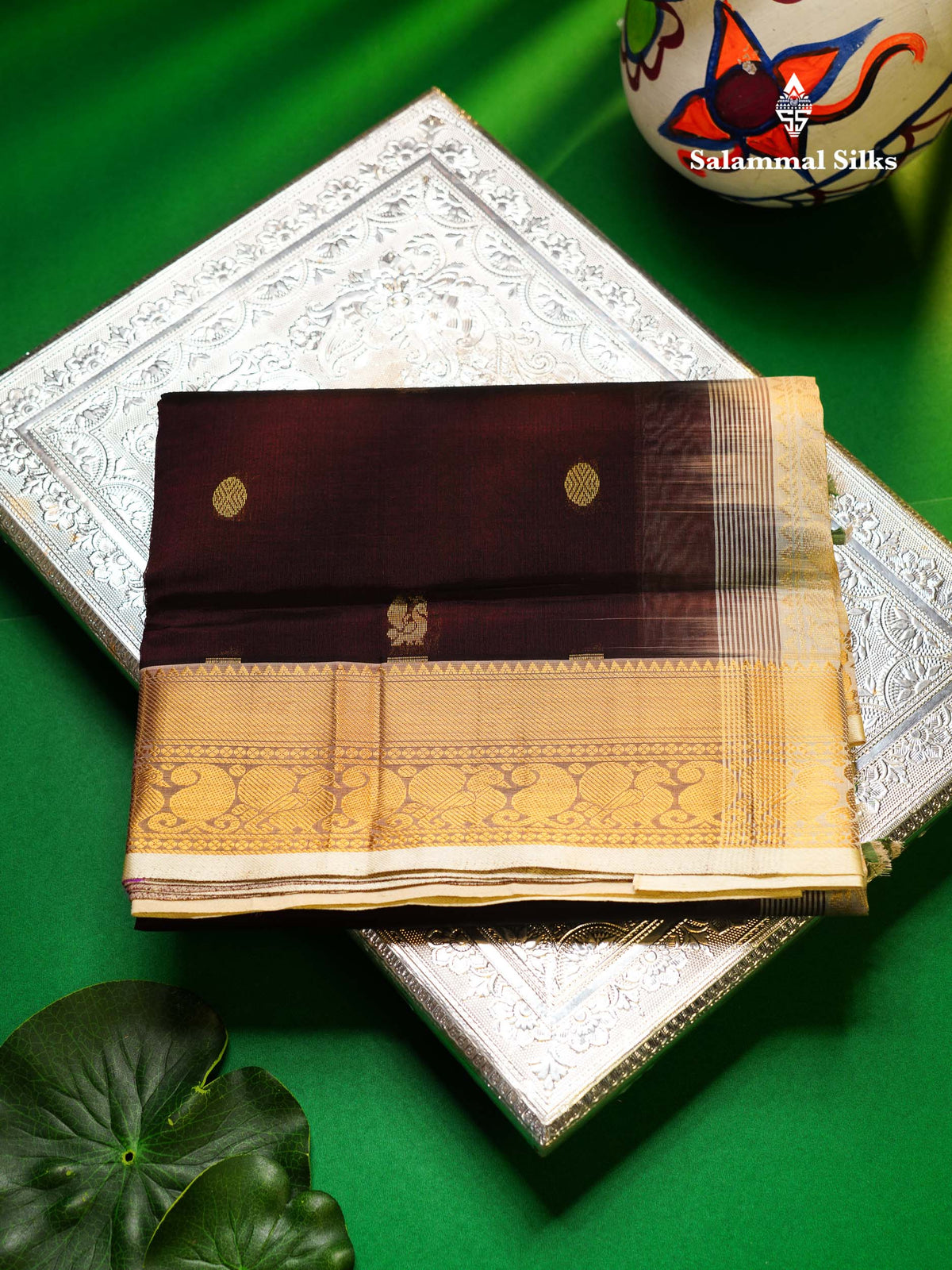 Beautiful Dark Brown Chakaram & Peacock Zari Butta Semi Silk Cotton Saree With Contrast Half White Blouse
