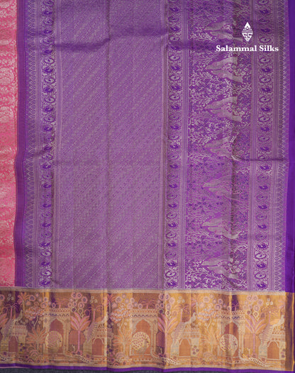 Beautiful Light Pink Bridal Pure Kanjivaram Silk Saree With Contrast Purple Tissue Fancy Evening Morning Border