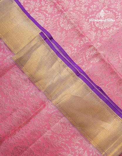 Beautiful Light Pink Bridal Pure Kanjivaram Silk Saree With Contrast Purple Tissue Fancy Evening Morning Border
