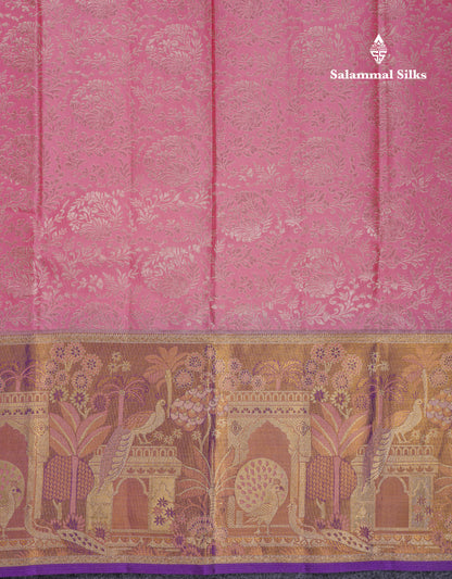 Beautiful Light Pink Bridal Pure Kanjivaram Silk Saree With Contrast Purple Tissue Fancy Evening Morning Border