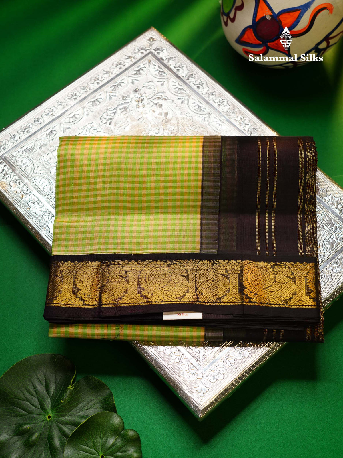 Beautiful Parrot Green & Cream Tiny Checks Pure Silk Cotton Saree With Contrast Dark Purple Traditional Border