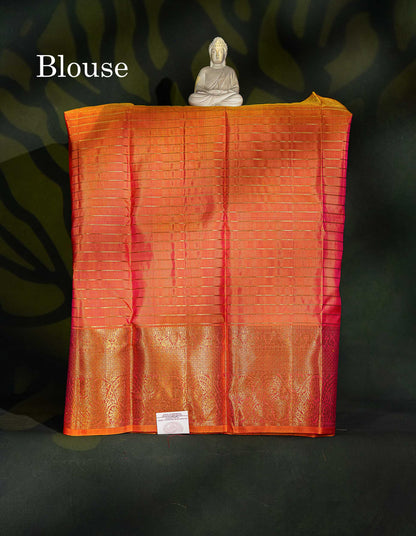 Pure Silk Pattu Pavadai - Pinkish Red Colour Body Checks With Butta & Orange Border | 3-4 Years