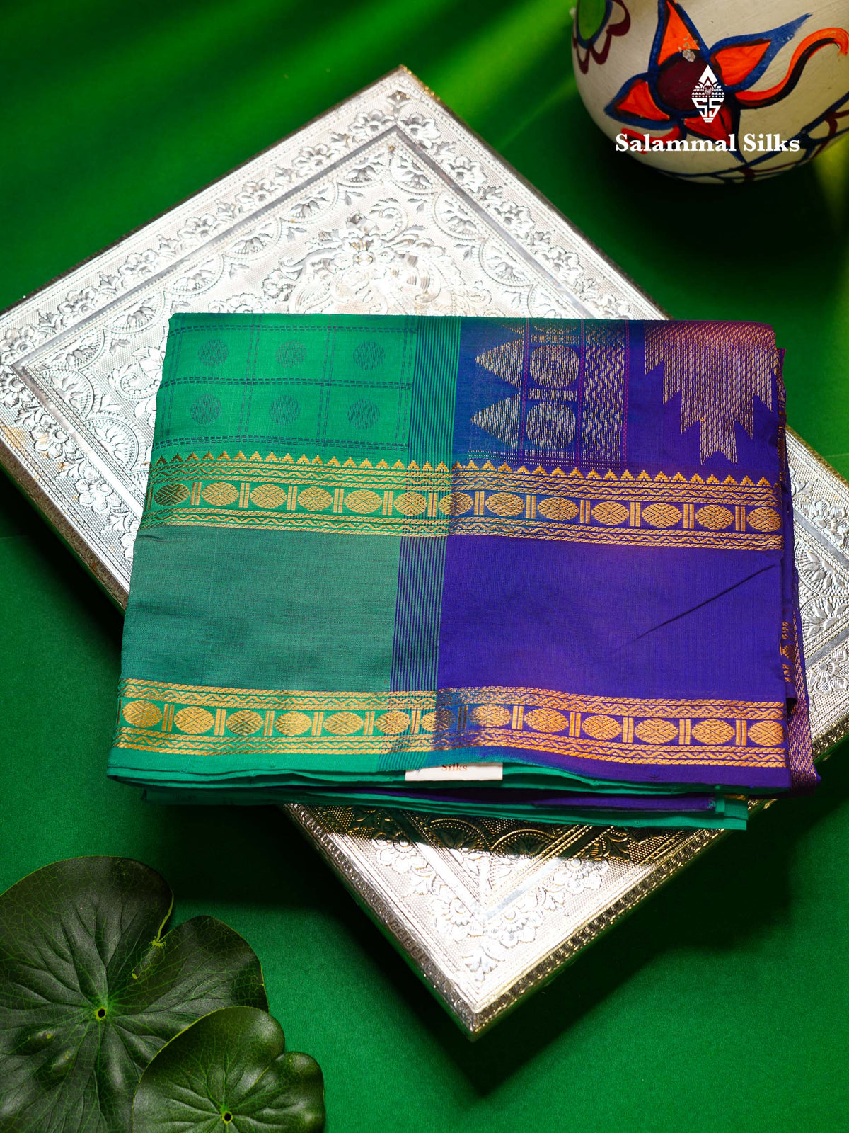 Beautiful Sapphire Green Checks With Butta Semi Silk Cotton Saree With Traditional Rettapet Border