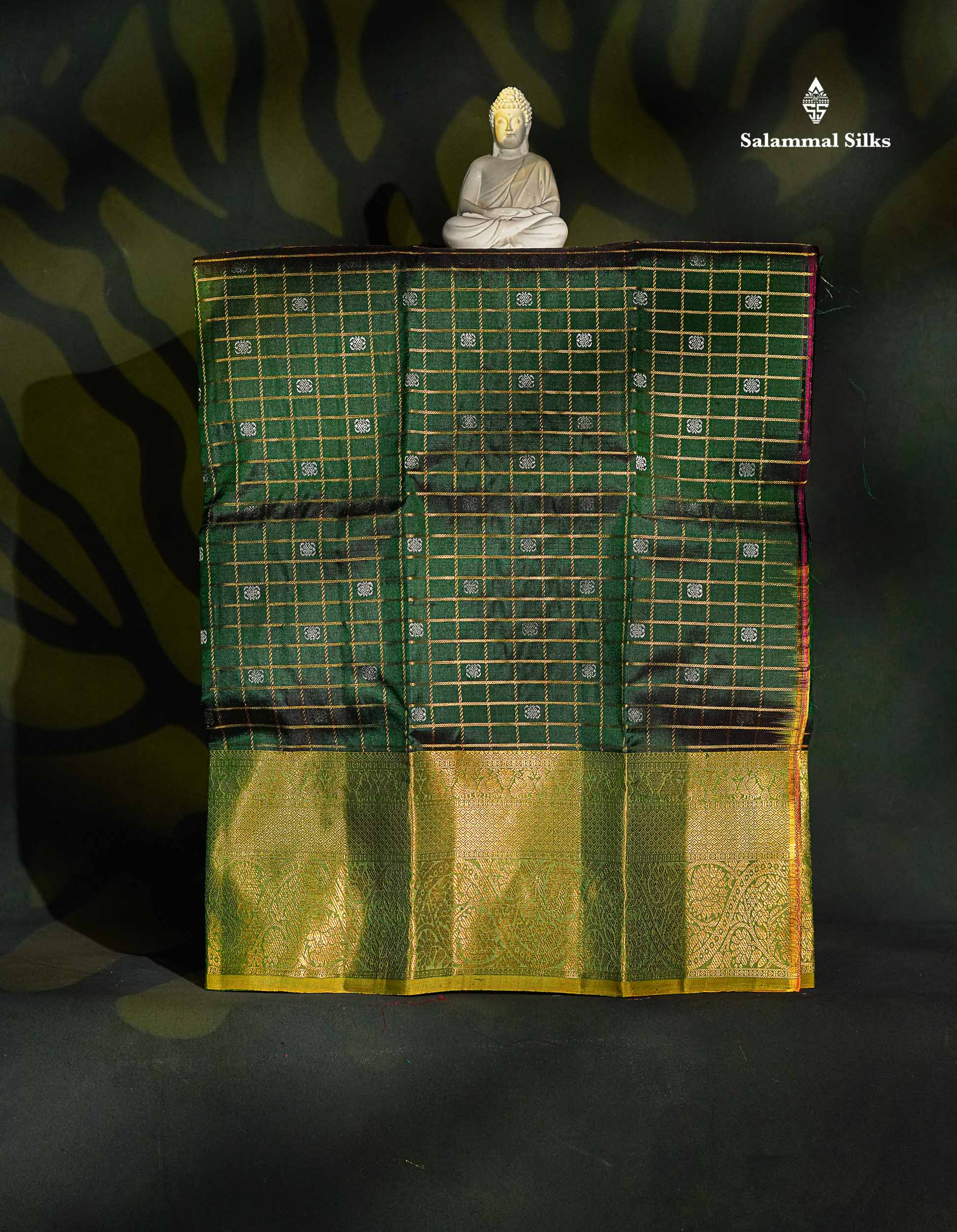 Pure Silk Pattu Pavadai - Bottle Green Colour Body Checks With Butta & Manthulir Green Border | 3-4 Years 