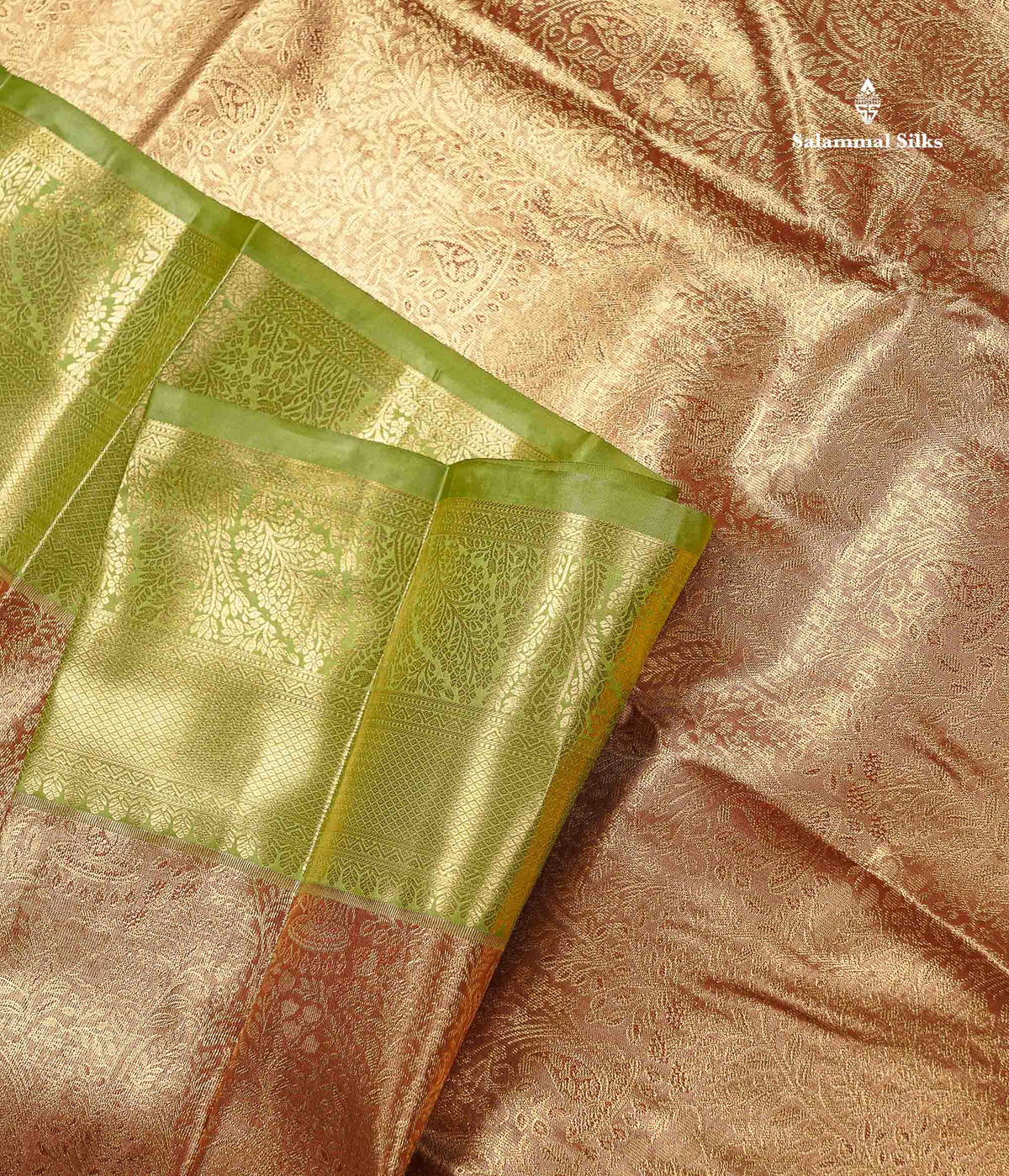 Tissue Bridal Semi Silk Saree - Brown Colour Body With Contrast Pista Green Border