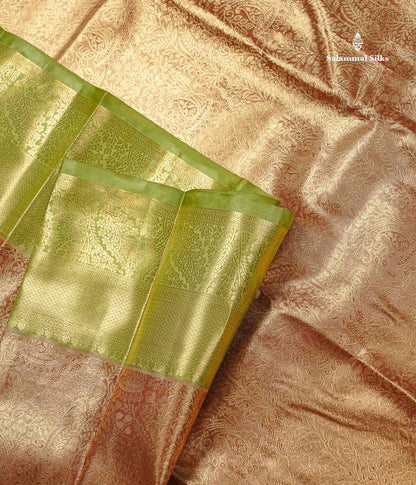 Tissue Bridal Semi Silk Saree - Brown Colour Body With Contrast Pista Green Border