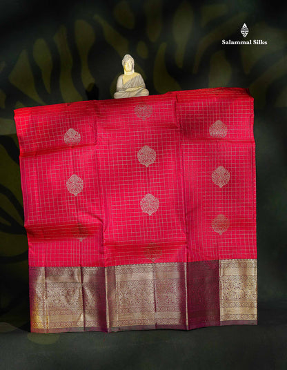 Pure Silk Pattu Pavadai - Redish Pink Checks With Butta & Bottle Green Blouse | 5-9 Years