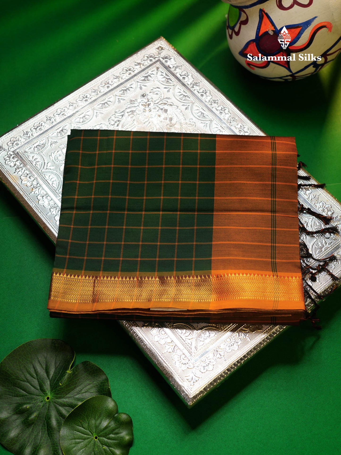 Beautiful Violet Checks Semi Silk Cotton Saree With Contrast Olive Mustard Yellow Blouse