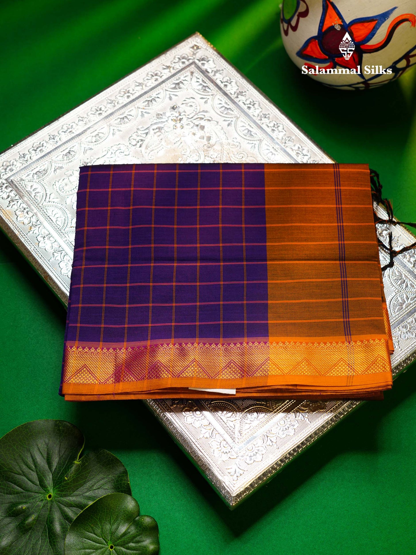 Beautiful Violet Small Checks Semi Silk Cotton Saree With Contrast Brown Blouse